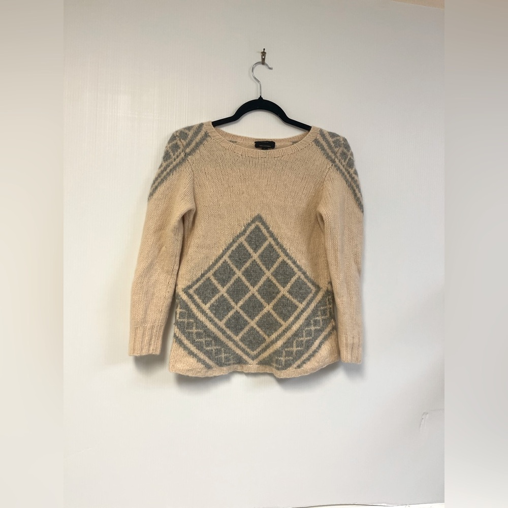 J. Crew Pullover Sweater Beige Gray Wool Cashmere Blend Geometric Long Sleeve L